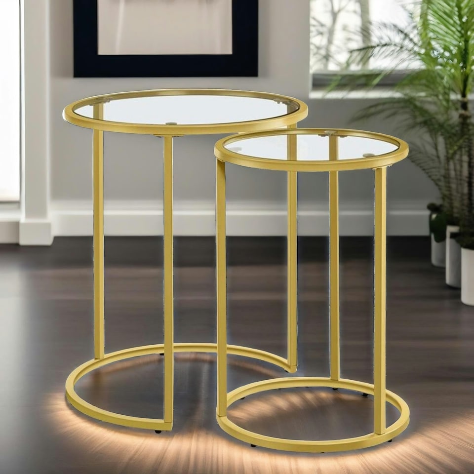 image 1 of Set Of 2 Round Gold Nesting Tables With Tempered Glass | Gold
