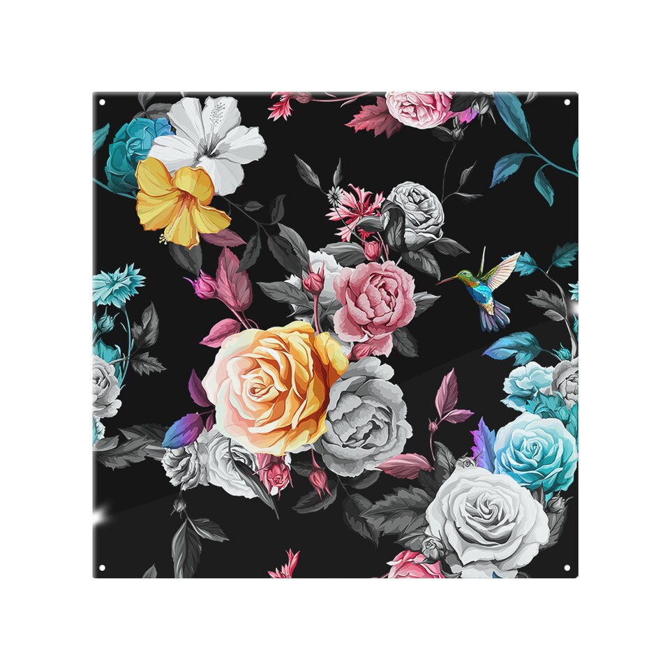 image 1 of Humming Bird Roses Peony With Leaves Splash Back | White