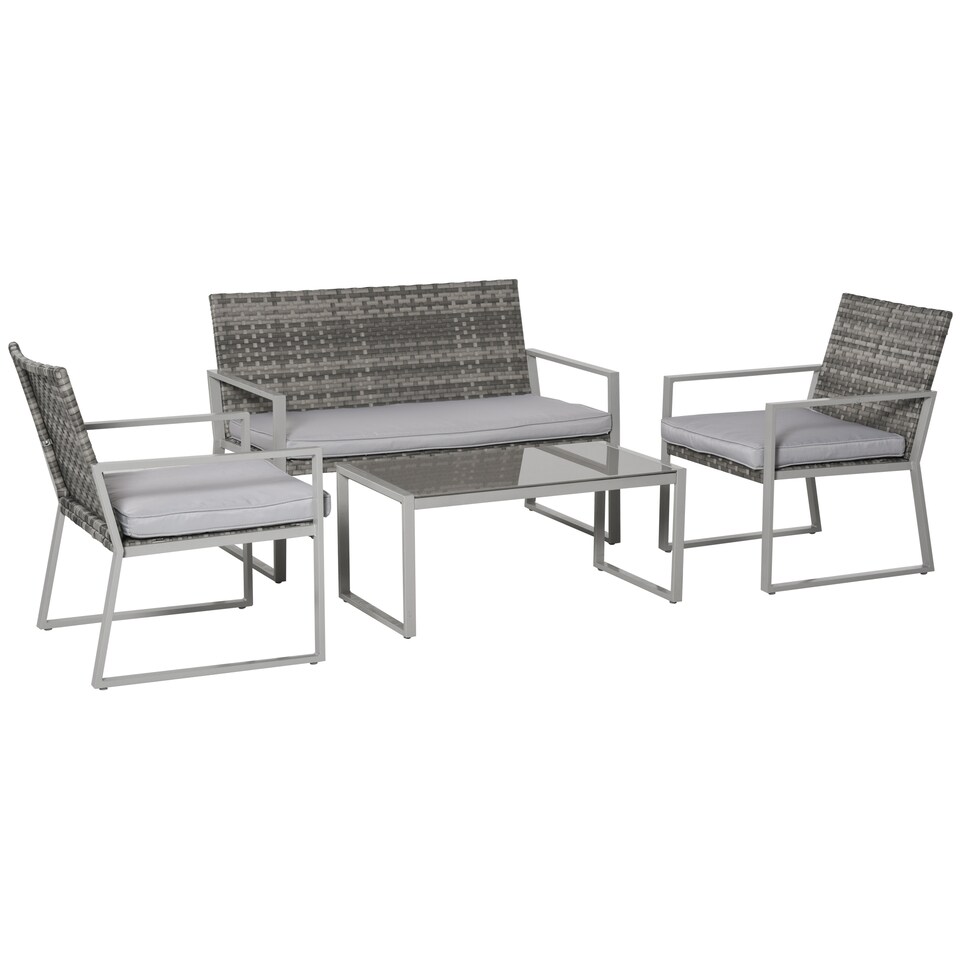 image 1 of Outsunny 4PC Rattan Garden Furniture Set 2 Single Sofa Arm Chairs 1 Bench with Cushions & Coffee Table Patio Backyard Wicker Weave
