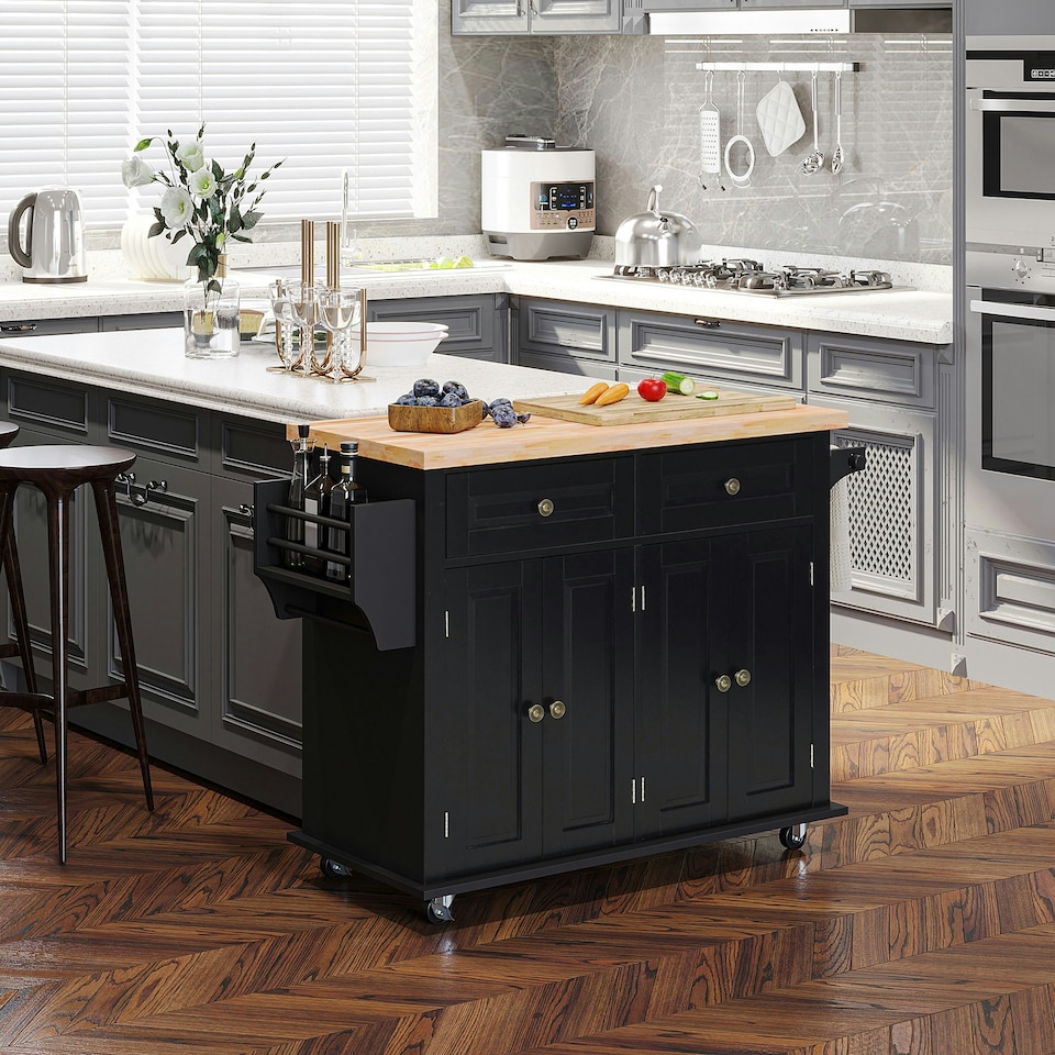 image 1 of HOMCOM Rolling Kitchen Island Cart with Rubber Wood Top Black