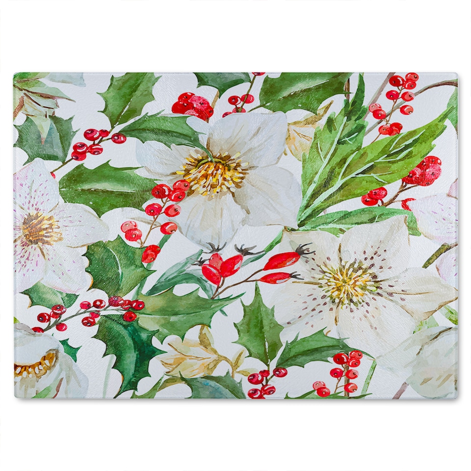 image 1 of Watercolour Christmas Pattern Glass Chopping Board | Multi