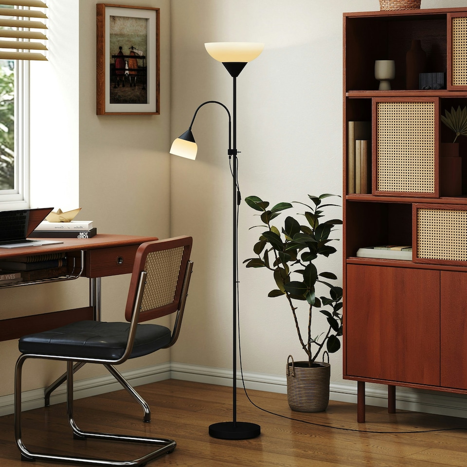 image 1 of HOMCOM Mother-Child Floor Lamp Duo Light with 3 Colour Temperatures, Black | Black | White | Ф28 x 179.5H cm