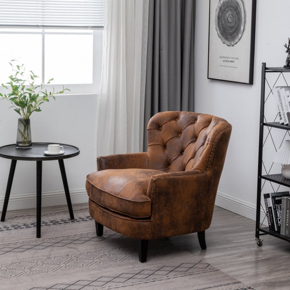 image 1 of Faux Leather Suede Brown Buttoned Ava Accent Chair