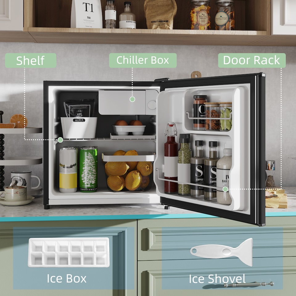 image 1 of HOMCOM 46 Litre Table Top Mini Fridge, Small Fridge with Ice Box, Reversible Door, Adjustable Temperature and Legs for Bedrooms, Home Office, Black