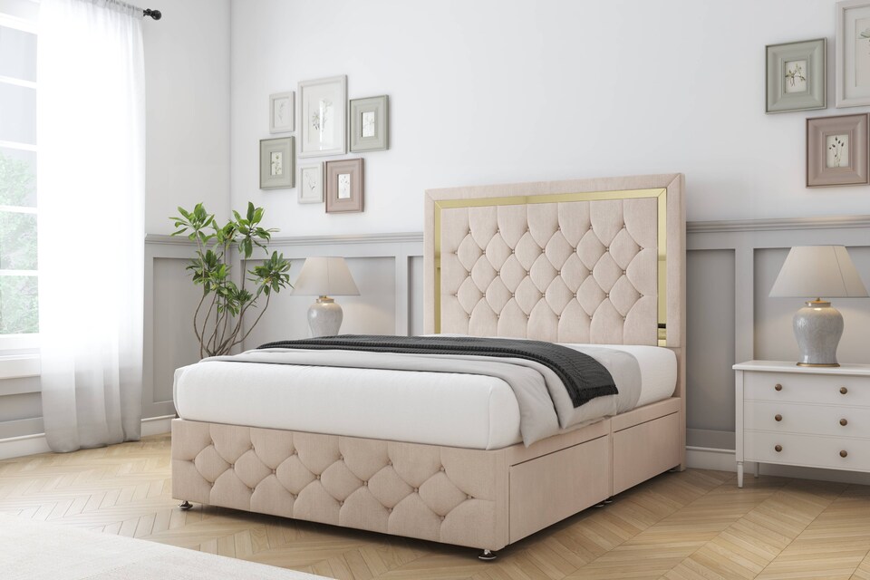 image 1 of Sloomy Sofia Gold Sand Naples Divan Bed Base 2 Drawers Foot-End With 54 Inch Floor Standing Headboard & 12 Inch Matching Footboard | Cream | Sand | King | 1