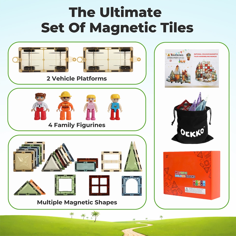 image 1 of Dekko 100pc Magnetic Tiles Building Blocks Safe Educational Toy for Kids | Multi | Nature
