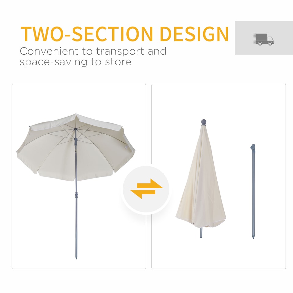image 1 of Outsunny 2.2m Beach Umbrella, Portable Parasol with Tilting Function, Outdoor Sunshade Shelter with 8 Ribs for Garden, Pool and Patio, Cream White