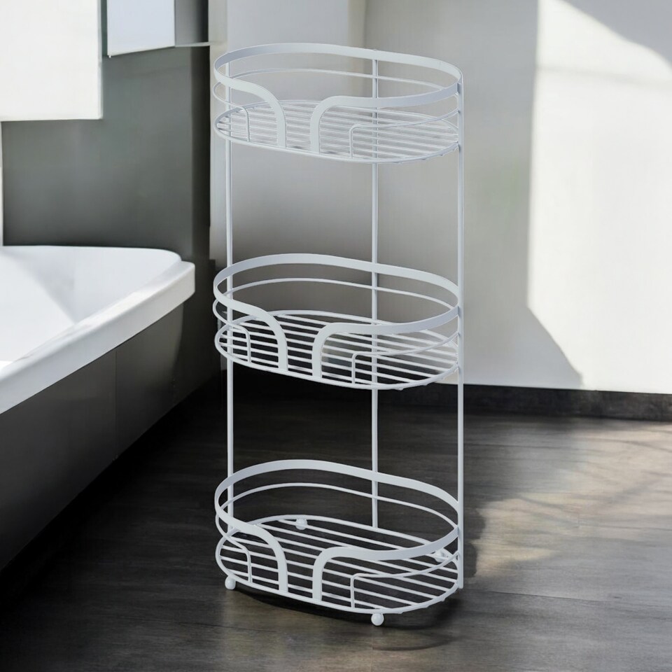 image 1 of Showerdrape Dante White Freestanding Floor Caddy and 2 Tier Over Door Hook Shower Caddy | White | White | 1