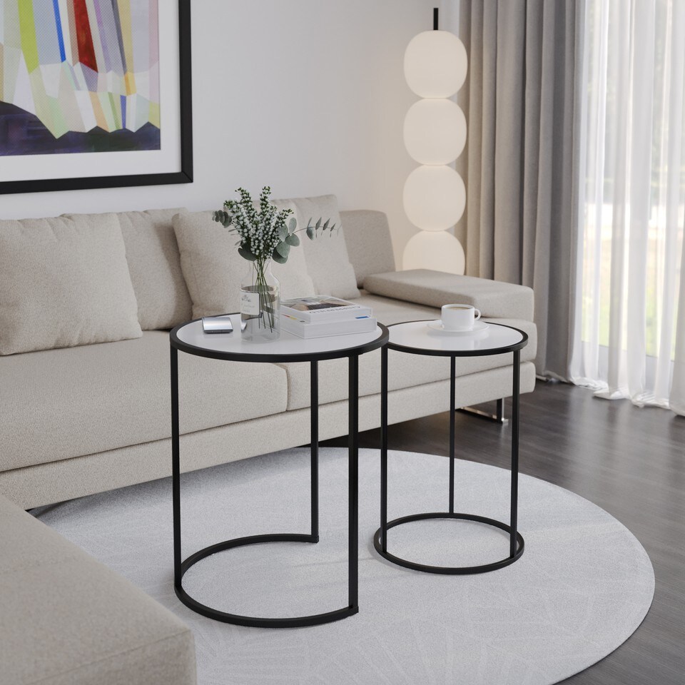 image 1 of 2 Piece Round Nesting Side Tables Set Tempered Glass Top Metal Leg Coffee Tables | Multi | Black Legs White Glass