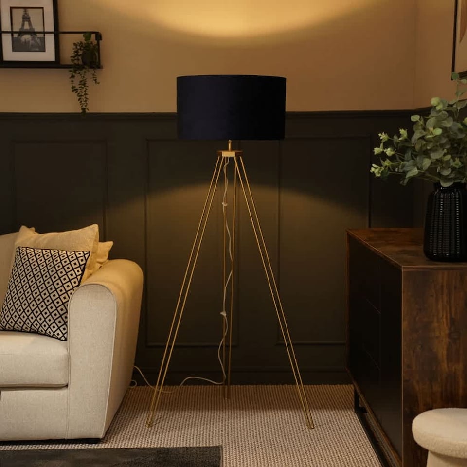 image 1 of ValueLights Aero Gold Floor Lamp Navy Velvet Shade