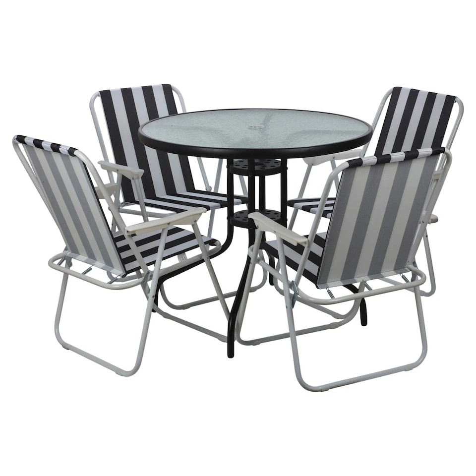 image 1 of Garden Table & Folding Deck Chairs Set 2 4 Seater Outdoor Patio Dining Furniture | White | Table + 4 White & Black Stripes Chairs