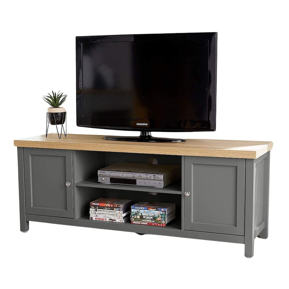 image 1 of TV Stand 2 Door Cabinet Television Unit Shelf Cable Tidy 36mm Oak Top