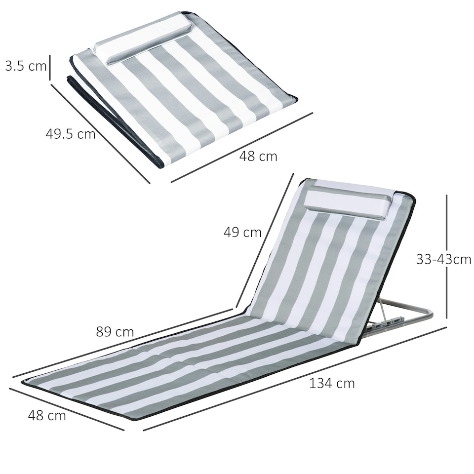 image 1 of Outsunny 2 Pieces Outdoor Beach Mat Steel Reclining Chair Set w/ Pillow Grey