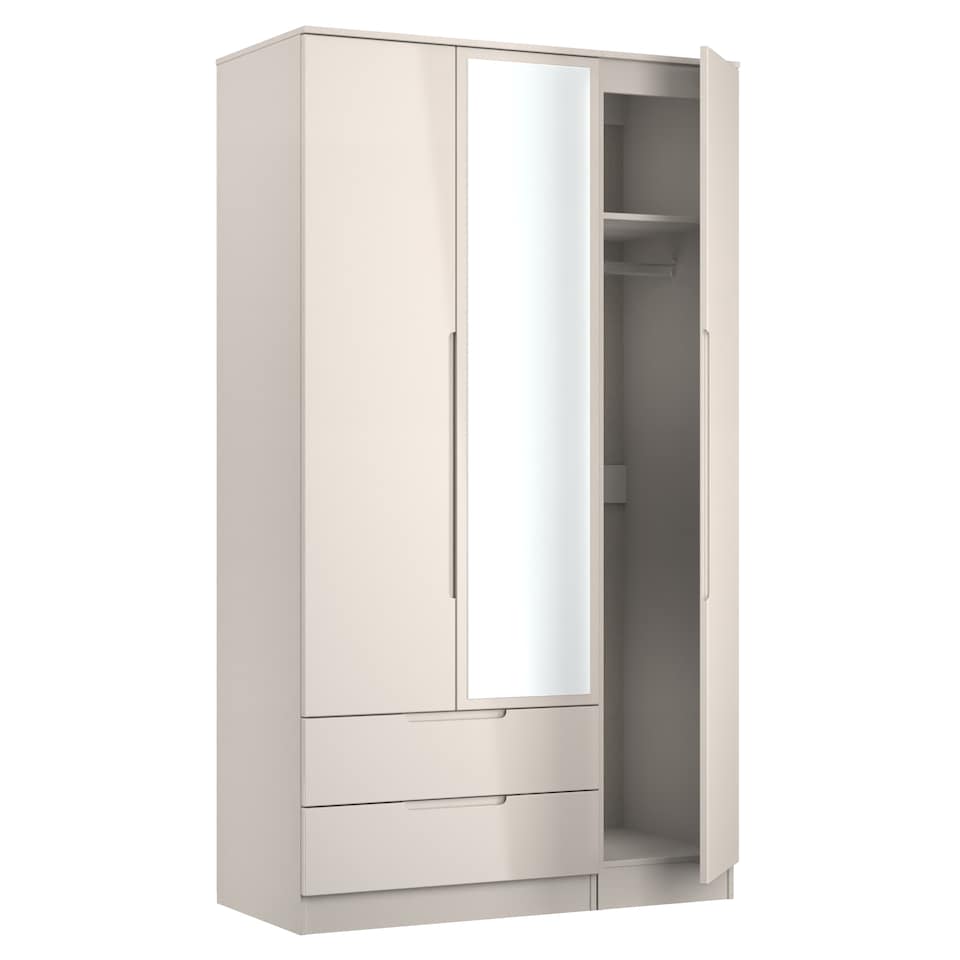 image 1 of Lucca Tall 2 Drawer Tiple Mirrored Wardrobe in Kashmir Gloss & Kashmir (Ready Assembled) | Cream | Kashmir Gloss & Kashmir