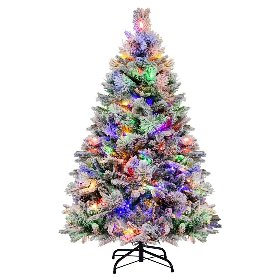 image 1 of COSTWAY 4.5 FT Pre-Lit Artificial Christmas Tree Snow-flocked | Green | One Size
