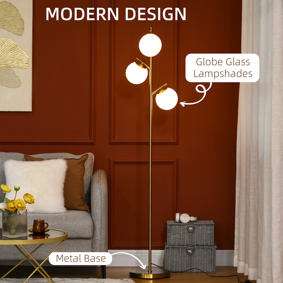 image 1 of HOMCOM 3-Light Tree Floor Lamps for Living Room, Modern Standing Lamp for Bedroom with Globe Lampshade, 3000K/4000K/6000K Colour Temperatures, Steel Base, Gold Tone | Gold
