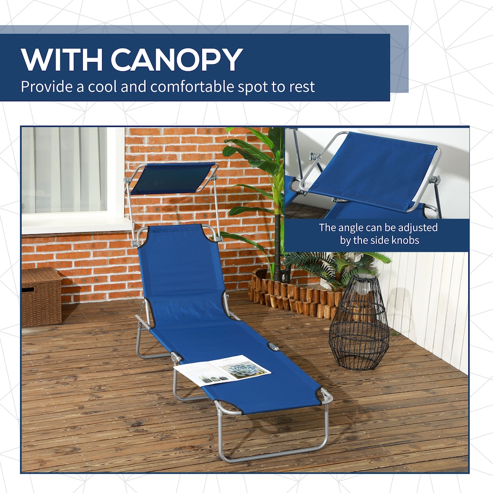 image 1 of Outsunny Folding Sun Lounger Set of 2 w/ Sunshade Adjustable Backrest Blue