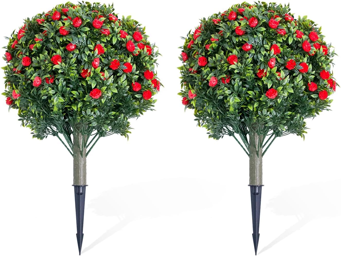 London Boutique UV Resistant Artificial Topiary Ball Trees Set of 2 – Red Rose Flowers, Realistic PE Leaves, Metal Ground Spikes – Weatherproof Faux P