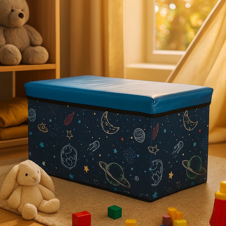 image 1 of Childrens Toy Box Storage Chest Collapsible Ottoman Bench Seat 60cm Boys Girls | Blue | Galaxy Link