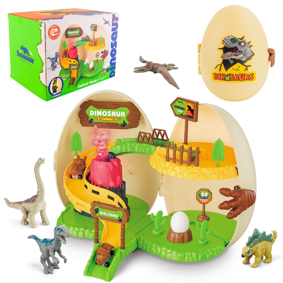 image 1 of 26-Piece Dinosaur EGG Toy Set – Dinosaurs, Slide Track, Mini Dino Car & Electric Volcano!