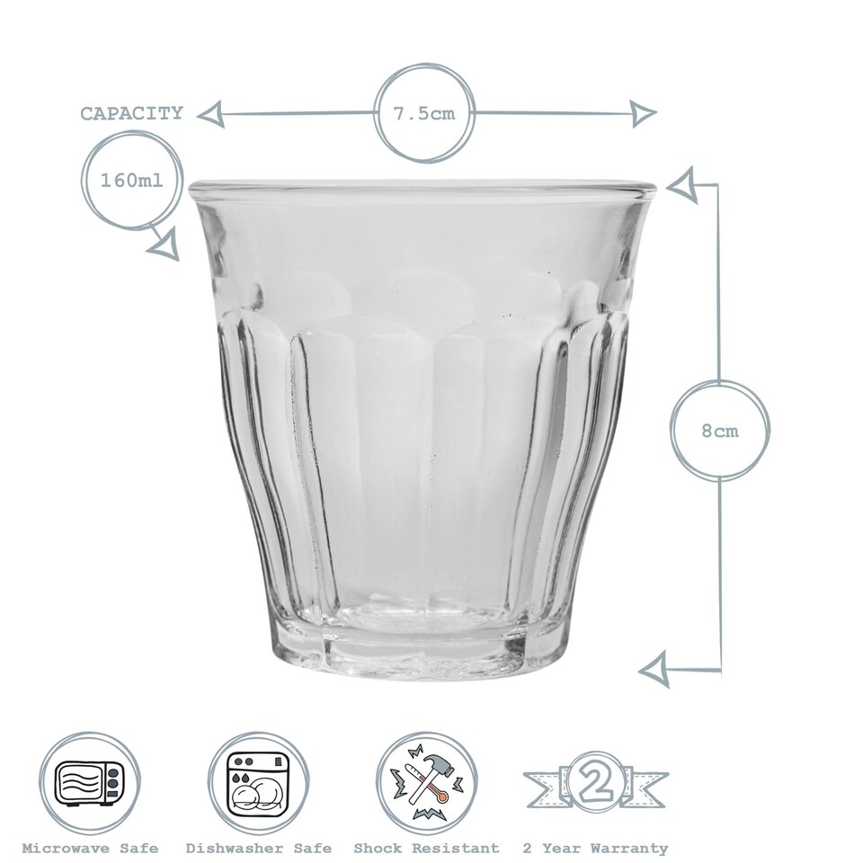 image 1 of Duralex Picardie Drinking Glasses - 160ml Tumblers for Water, Juice - Pack of 6 | Clear | Clear