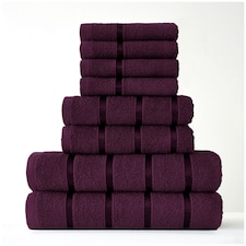 VELVETIO 8 Piece Towel Bale Set Boston Shiny Stripe Pattern - 100% Cotton, 450 GSM Purple | Aubergine
