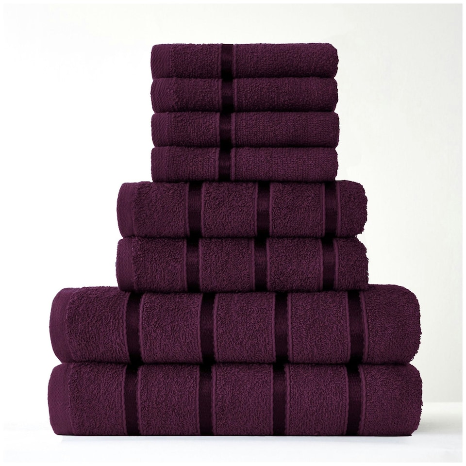 image 1 of VELVETIO 8 Piece Towel Bale Set Boston Shiny Stripe Pattern - 100% Cotton, 450 GSM Purple | Aubergine