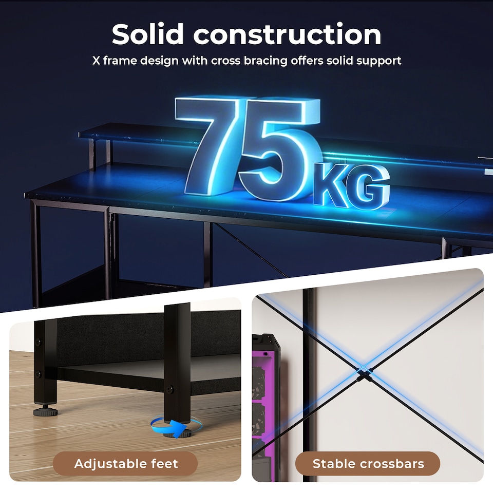 image 1 of Levede Gaming Desk Computer Table with Monitor Shelf Power Outlets RGB Light