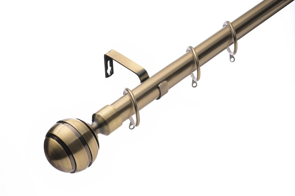 image 1 of Lister Cartwright 28mm Antique Brass Extendable Metal Curtain Pole Set Rings with Ribbed Ball Finial (120 - 320 cm)