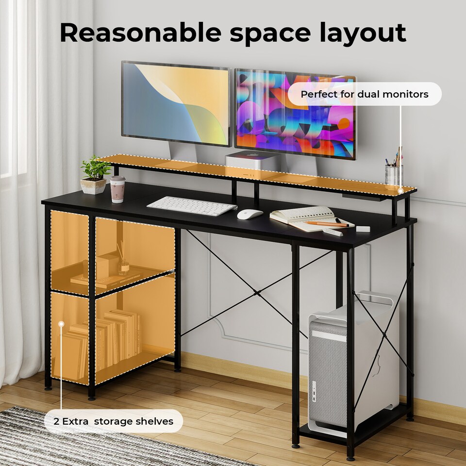 image 1 of Levede Gaming Desk Computer Table with Monitor Shelf Power Outlets RGB Light