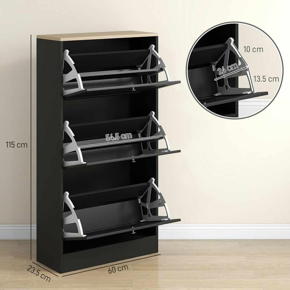 image 1 of HOMCOM Narrow Shoe Cabinet with 3 Flip Drawers for 18 Pairs of Shoes Black Black