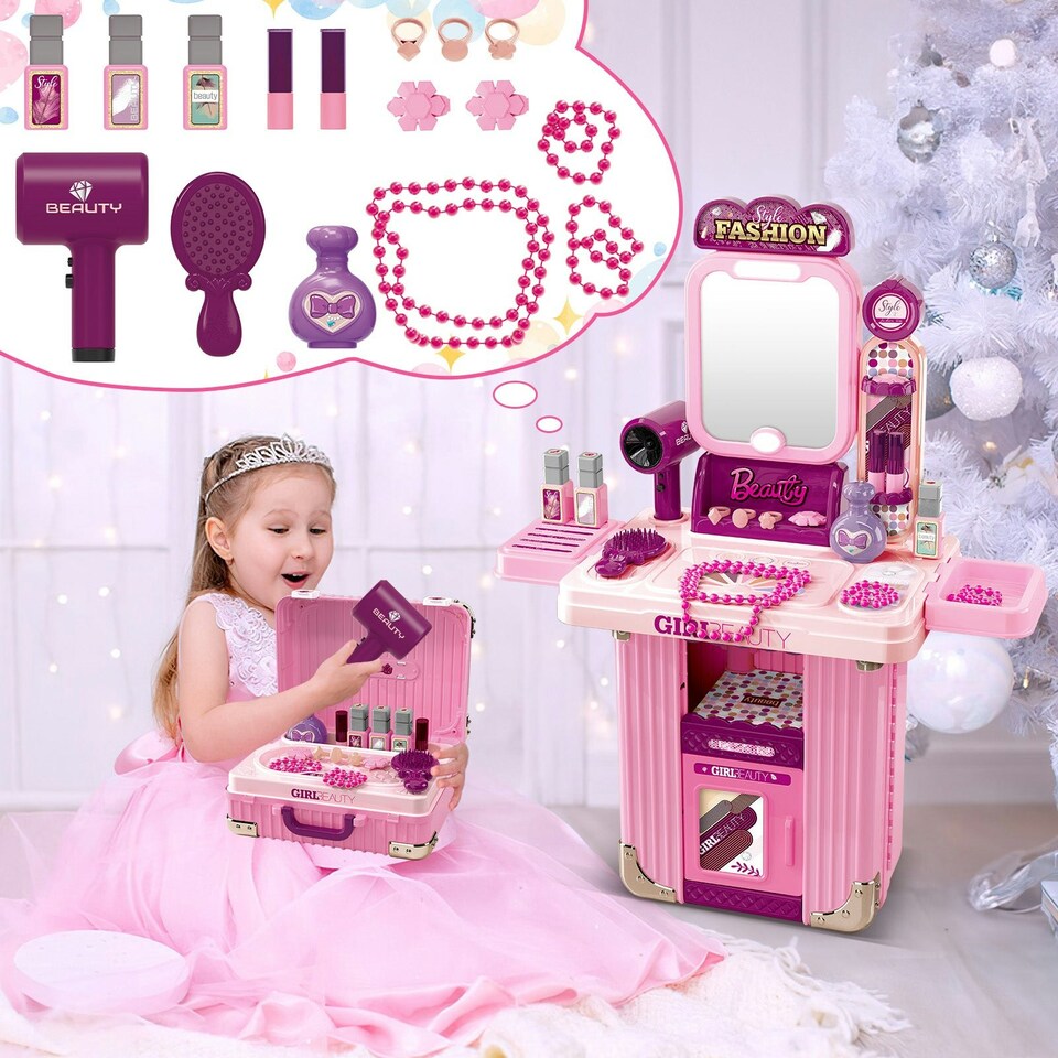 image 1 of Kids Beauty Vanity Set with Suitcase Dressing Table