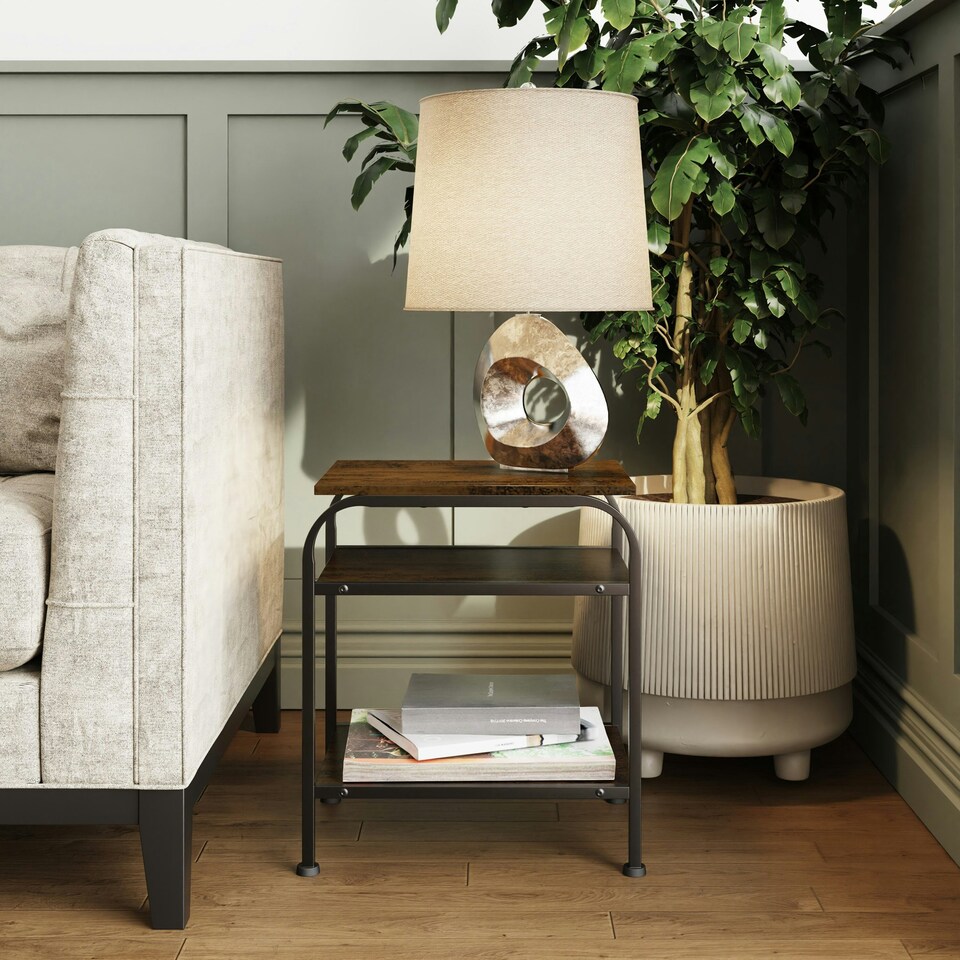 image 1 of Industrial Urban Design 3 Tier Side or End Table. Black Metal Frame. Black