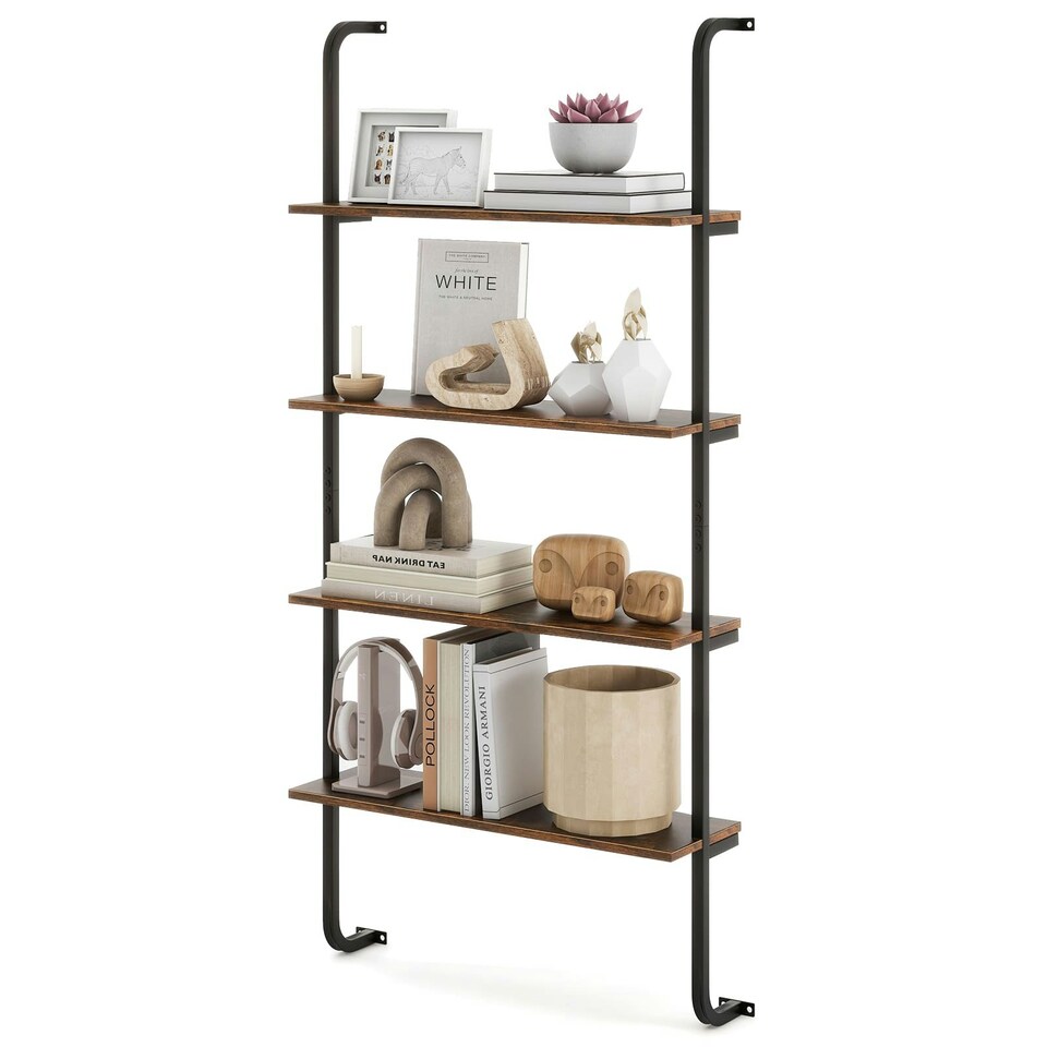 image 1 of COSTWAY 4-Tier Shelving Wall Mounted Wood Bookcasw Brown