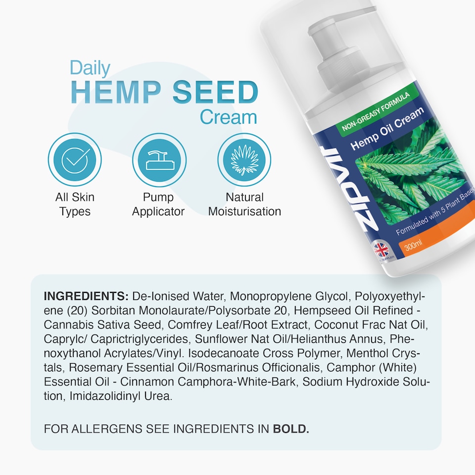 image 1 of Zipvit Hemp Seed Oil Cream,  Natural Muscle & Joint Support with Menthol & Essential Oils