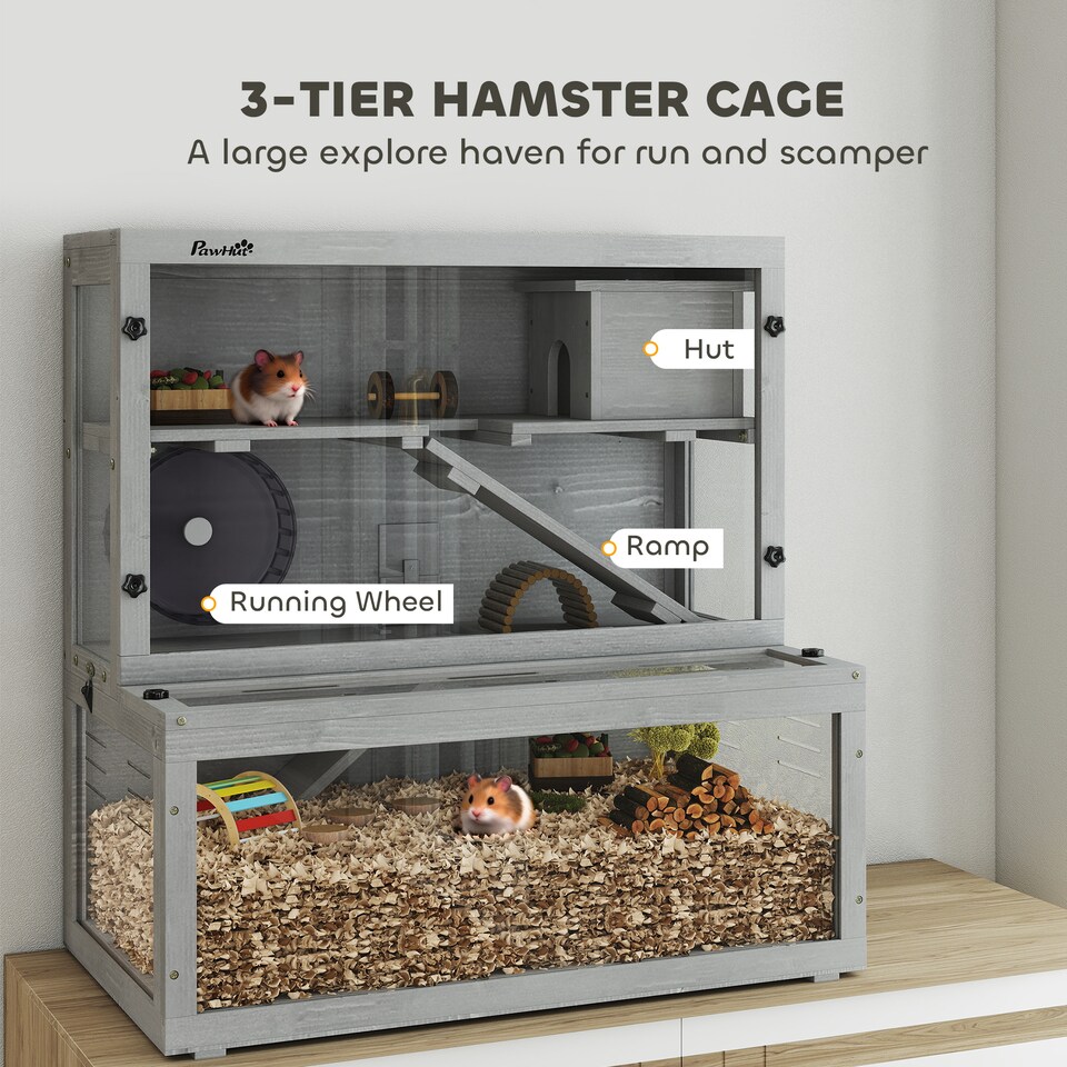 image 1 of PawHut Wooden Hamster Cage, Large Gerbil Cage with Hut, Wheel, Ramps, 3 Tier Small Animal Habitat with Removable Viewing Panels, 80 x 50 x 84 cm, Grey