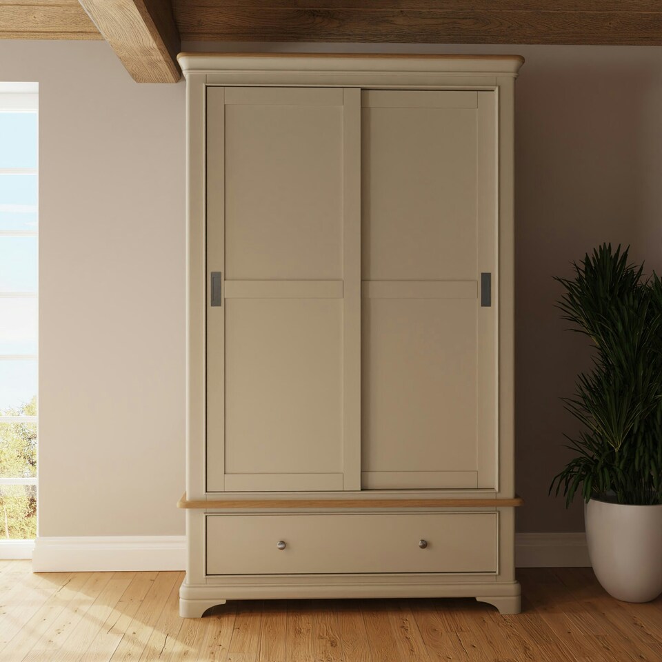 image 1 of Faire 120cm Sliding Combination Wardrobe in Putty with Oak Top Grey