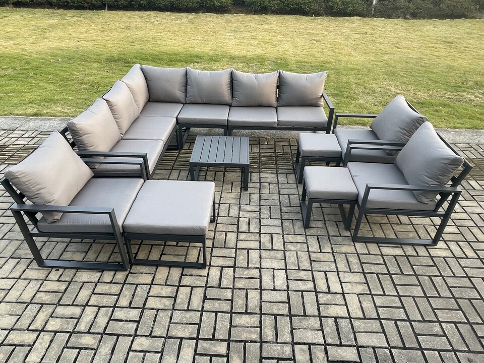 image 1 of Fimous 12 Seater Outdoor Lounge Corner Sofa Set Aluminum Garden Furniture Sets with Square Coffee Table 3 Chairs 3 Footstools Dark Grey