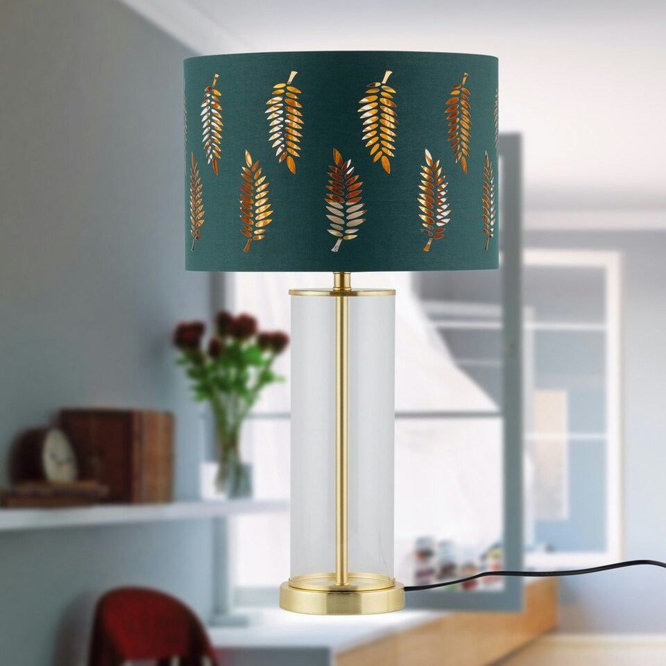 image 1 of Set of 2 Aura - Satin Brass Lamps with Green Fern Cut Out Shades Bronze | Green