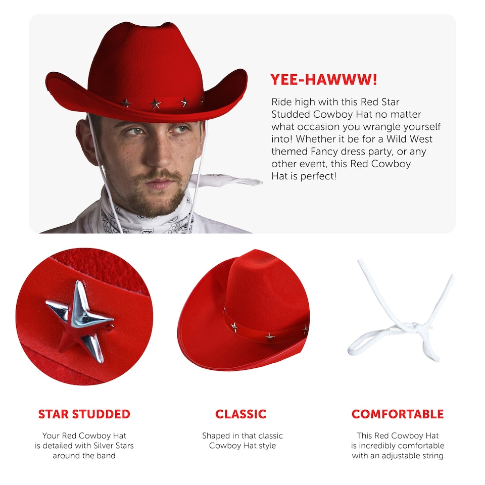image 1 of Adults Red Star Cowboy Hats – Pack of 6 Fancy Dress Accessories Red | One Size