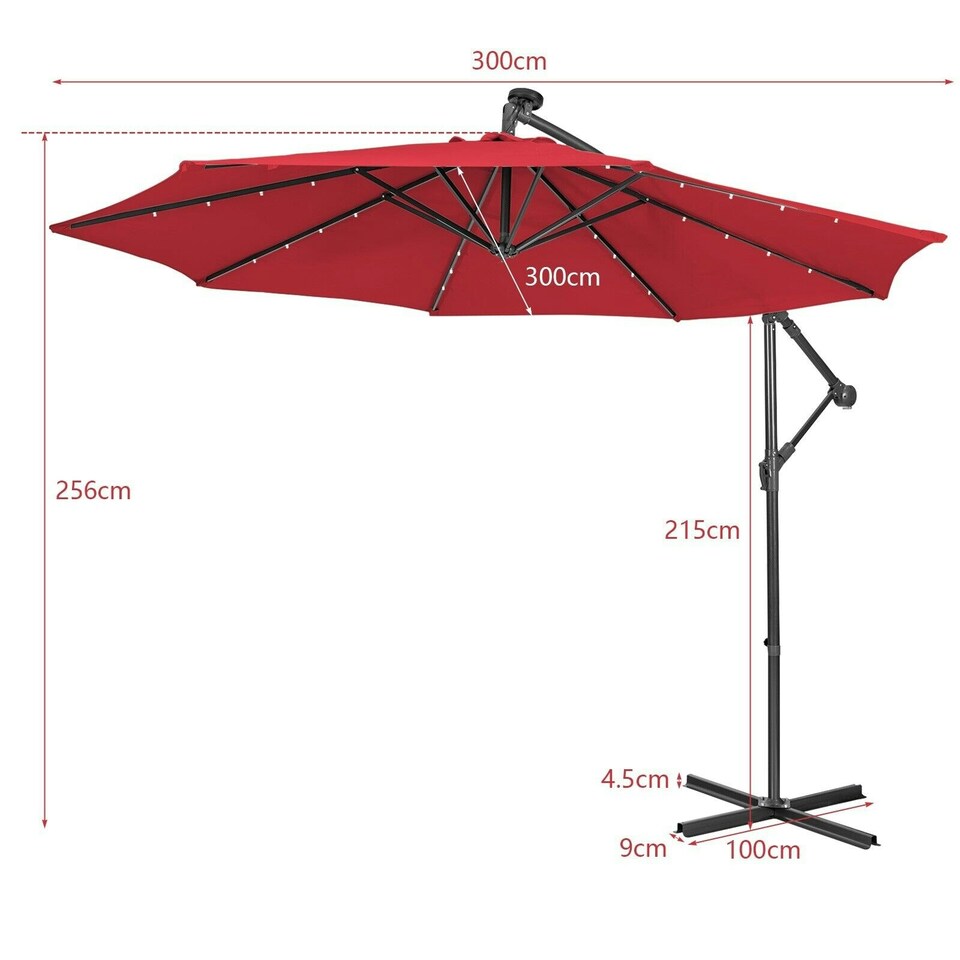 image 1 of COSTWAY 10FT Cantilever Parasol Patio Offset Umbrella LED Lights Red