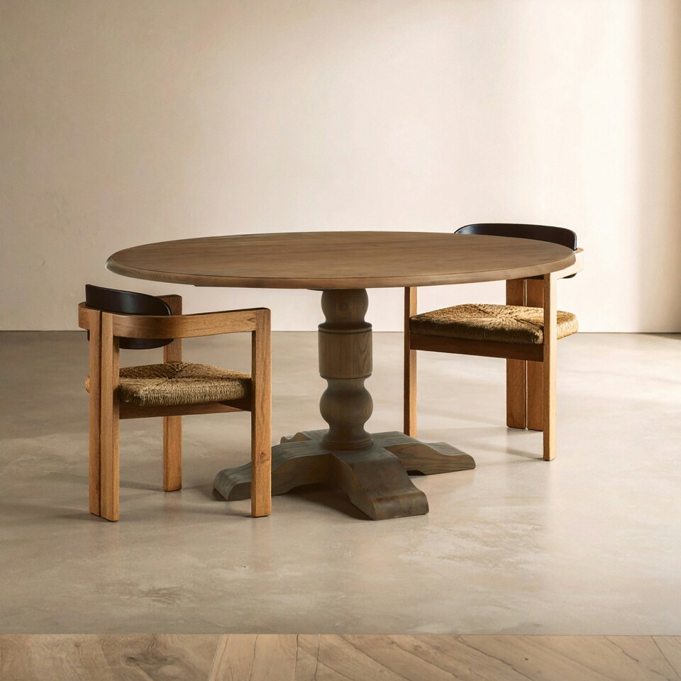 image 1 of Interiors by Premier Oak Wood Round Dining Table, Vintage Dining Room Table with Carved Base, Artistic Dining Table for Kitchen Cream