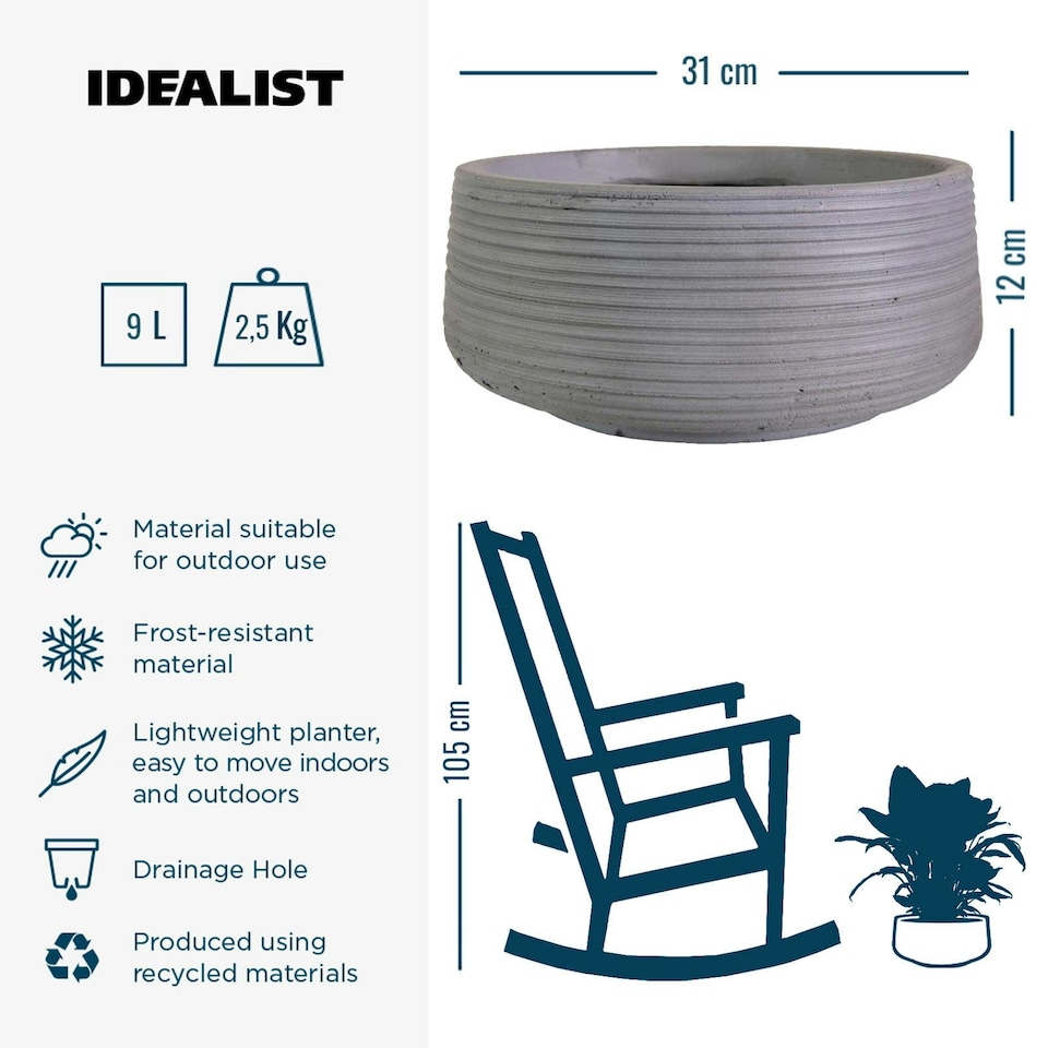 image 1 of Large Ribbed Stone Grey Light Concrete Bowl Garden Planter H12 D31 cm, 9 ltrs Cap.