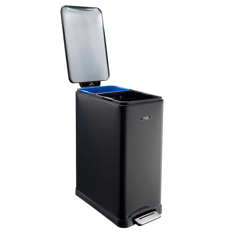 image 1 of Cooks Professional Dual Recycle Slimline Pedal Bin 50L | 20L & 30L Removable Compartments | Black Black