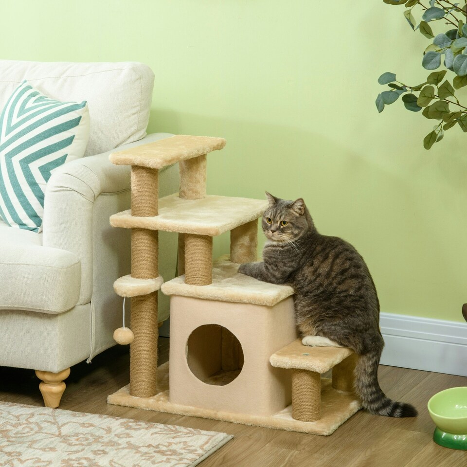 image 1 of PawHut Dog Steps for Bed 4 Step Pet Stairs Cat House with Detachable Cover