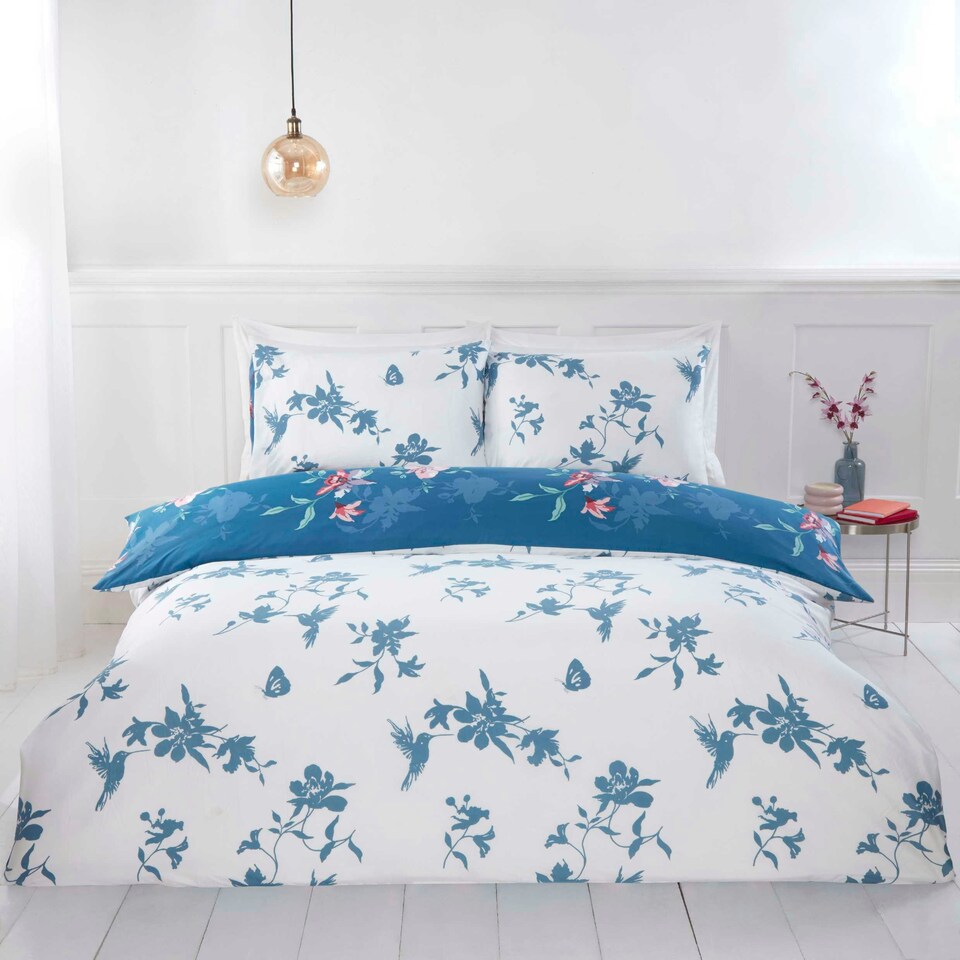image 1 of Hummingbird Microfibre Reversible Duvet Cover Set with Pillowcase Blue | King