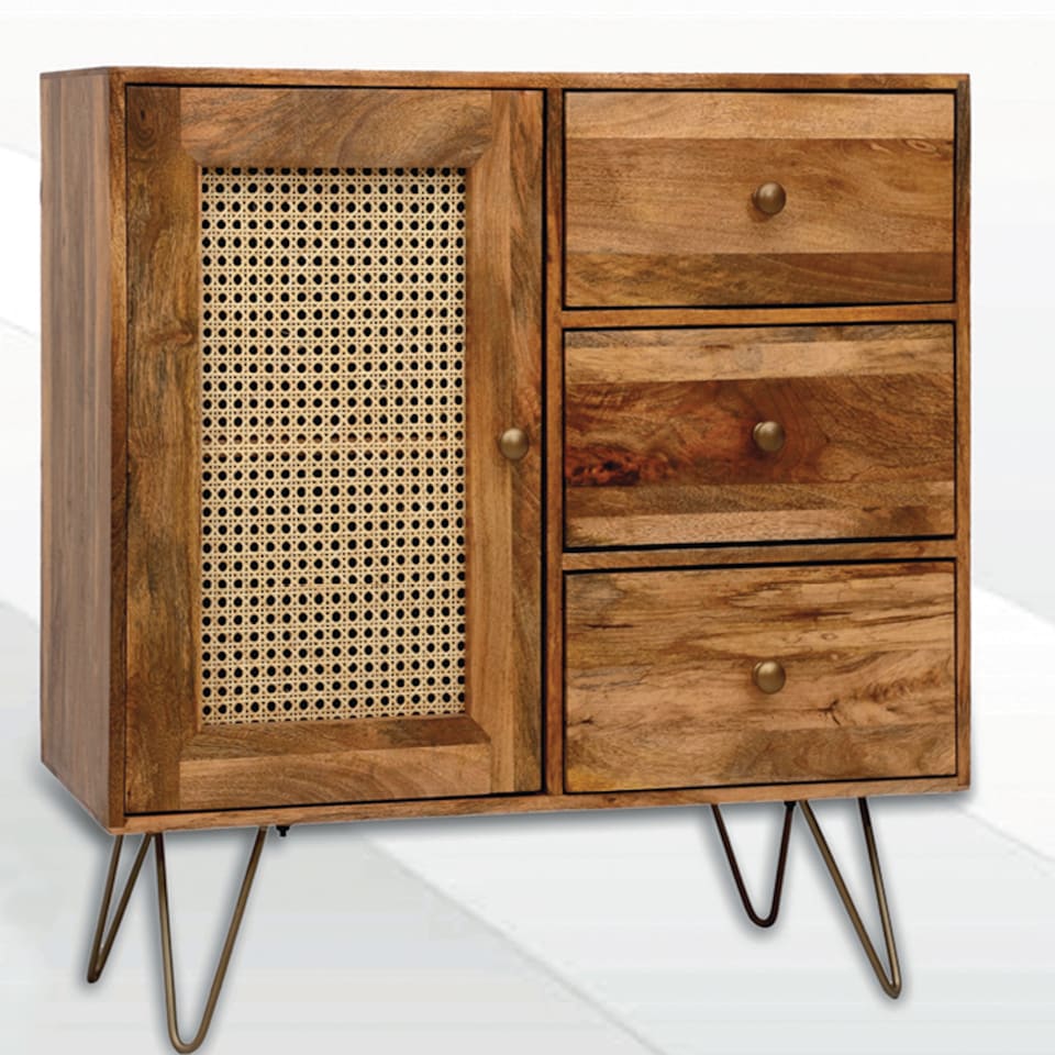 image 1 of Nyack Small 3 Drawer Sideboard - Mango Wood/Iron - L40 x W90 x H87 cm - Light Brown with Natural Rattan - Assembly Required | Brown