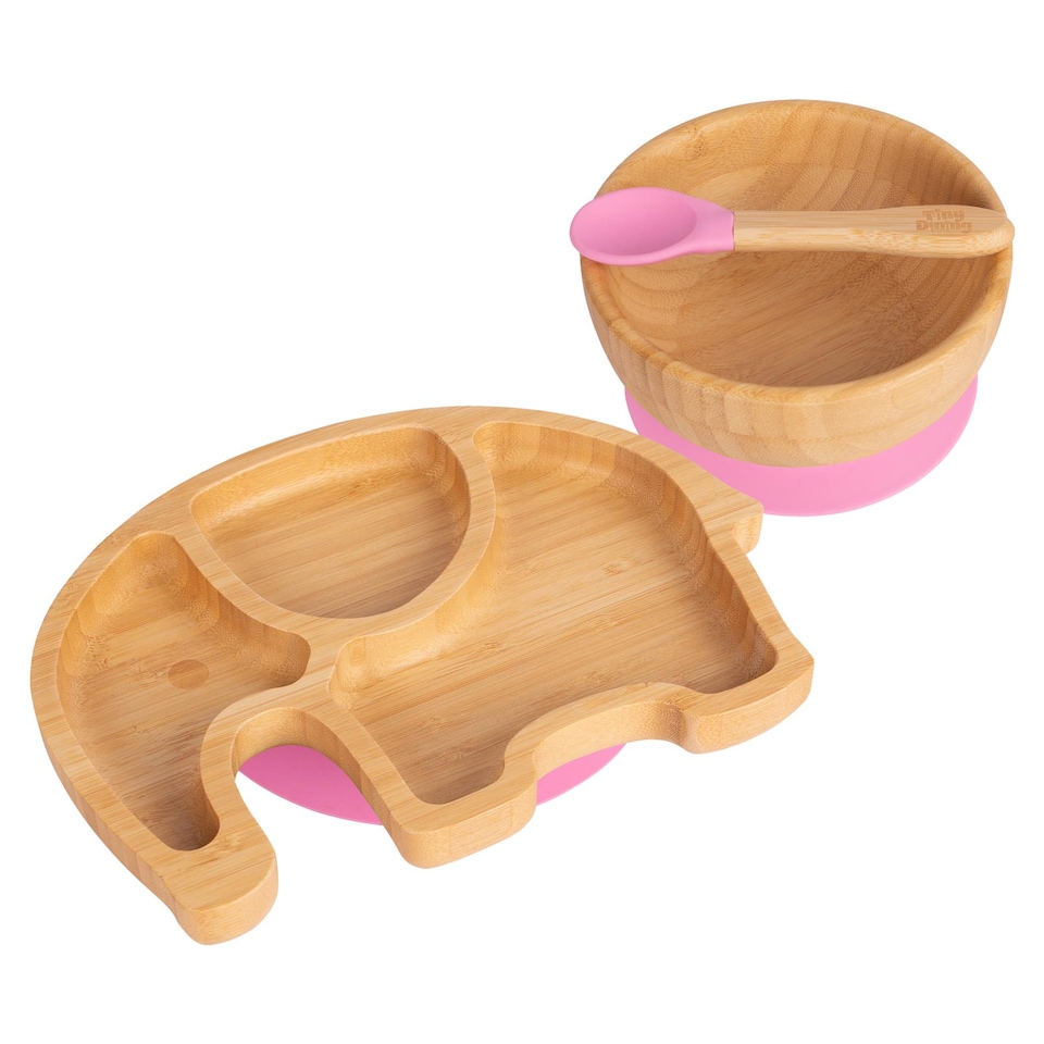 image 1 of Tiny Dining Children's Bamboo Suction Elephant Dinner Set - Pink