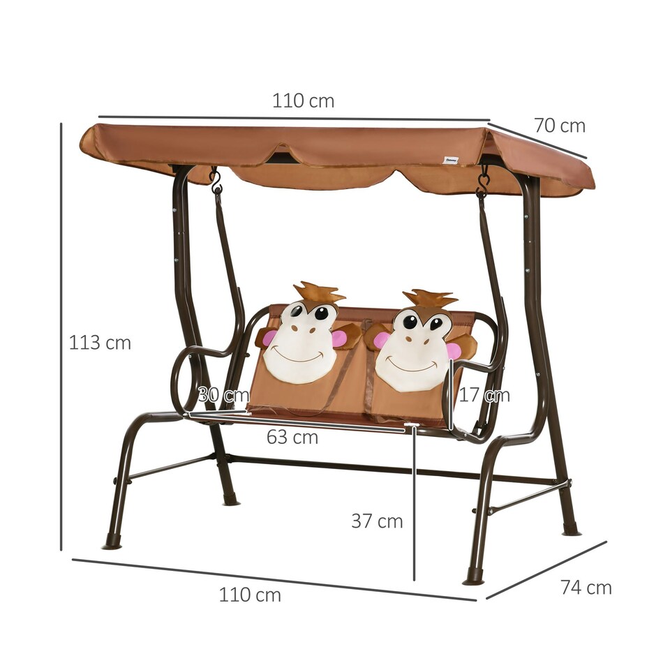 image 1 of Outsunny 2 Seat Kids Canopy Swing Chair w/ Adjustable Awning, Seatbelt - Brown