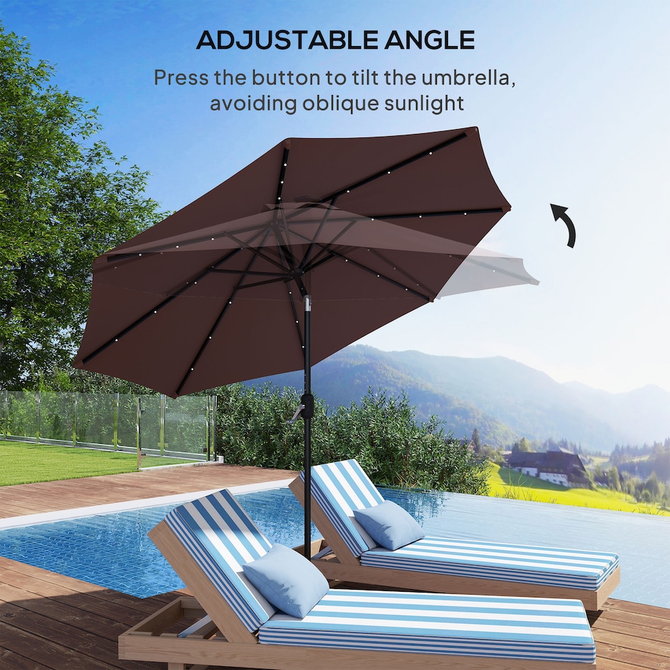 image 1 of Outsunny 2.7m Garden 24 LED Light Parasol Solar Outdoor Tilt Sun Umbrella Patio Club Party Event Manual Sun Shade w Hand Crank and 8 Ribs, Brown